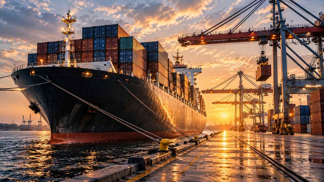 Container ship and international port logistics